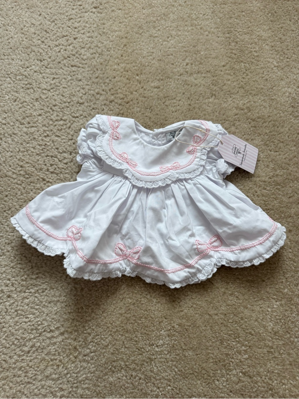 White Baby Dress with Pink Bow Trim
